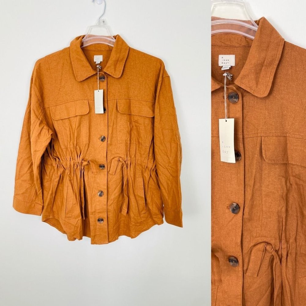 A New Day Women's Tunic XXL Botton Down Linen Brown Long Shirt Tie Waist New